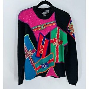 Women's Vintage Terazzo Beaded Bow Crew Neck Sweater Size L